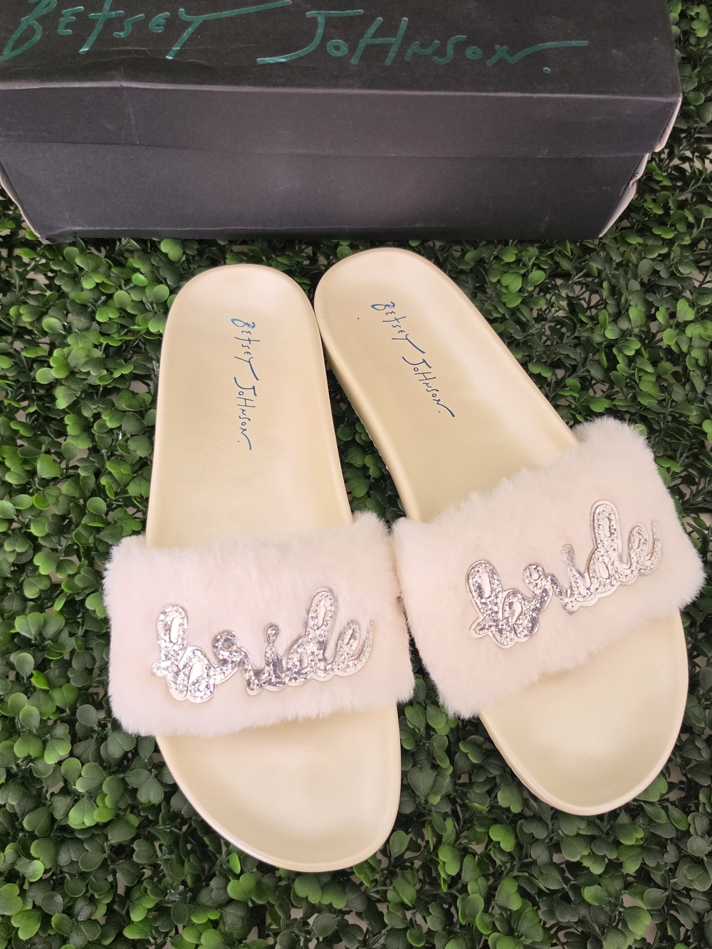 Betsey Johnson Blush Faux-Fur 'Bride' Sequin Slide Sandals